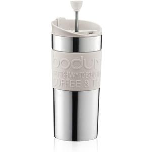 Bodum Travel French Press Coffee Maker Set, Stainless Steel with Extra Lid, Vacuum, 0.35 L/12 oz, White