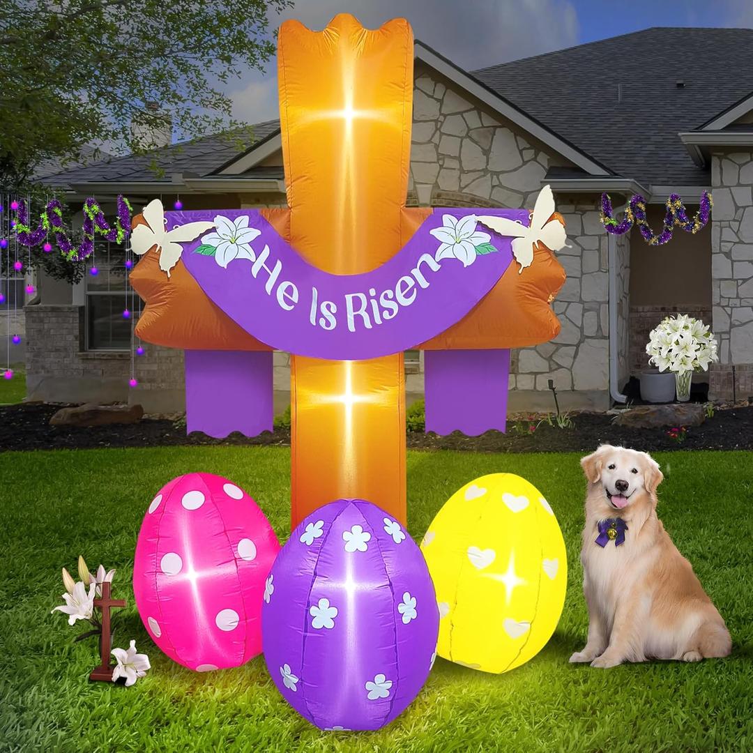 8FT Tall Easter lnflatables Decoration He is Risen Cross with Easter Eggs Built-in 5 LED Lights Blow Up Easter Outdoor Yard lnflatable Decorations