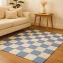 Heavy Material Handmade Jute Area Rug Natural Jute Kilim Rug 6x8 Thick 0.27" Traditional Checkerboard Blue & Beige Rugs for Dining Room Kids Room Solid Farmhouse Design