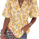 Womens Puff Sleeve Floral Babydoll Tops Lapel Collar V Neck Ruffle Peplum Blouse Smocked Tunic Top Dressy Tee Shirts (Yellow, M)