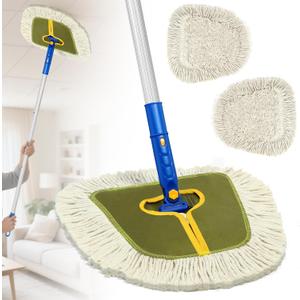 Commercial Dust Mop for Hardwood Floors Cleaning,Industrial Dry Mop Broom with 2 Replacement Wedge Cotton Mop Pads for Walls,Hardwood,Laminate, Vinyl,Tile,Home,Warehouse Floor Duster,Green 1 Count (Pack of 1)