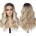 Ash Blonde Balayage Blonde Lace Front Wig, Middle Part 20 Inch HD Lace Wig, Dark Brown to Golden Blonde Highlight M Hairline Natural Fit Natural Wavy Ombre Synthetic Heat Resistant Fiber