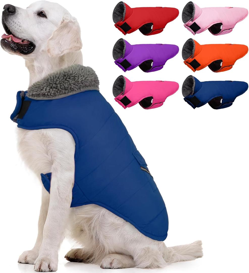 MIGOHI Warm Dog Winter Coat - Winter Dog Jacket, Reflective Windproof Fleece Vest with Leash Hole and Furry Collar (Small, Blue)