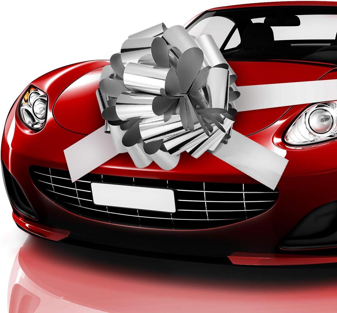 Zonon Big Car Bow Giant Car Bow with 20 ft Ribbon for Large Gift Wrapping New Houses Huge Present Birthday Christmas Decor(25 Inch,Glossy Silver) (1 Count (Pack of 1))