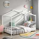 Twin Size Floor Bed with Roof Design for Kids, Girls, Boys,Montessori Floor Bedframe for Small Space,Easy Assembly & No Box Spring Needed, White