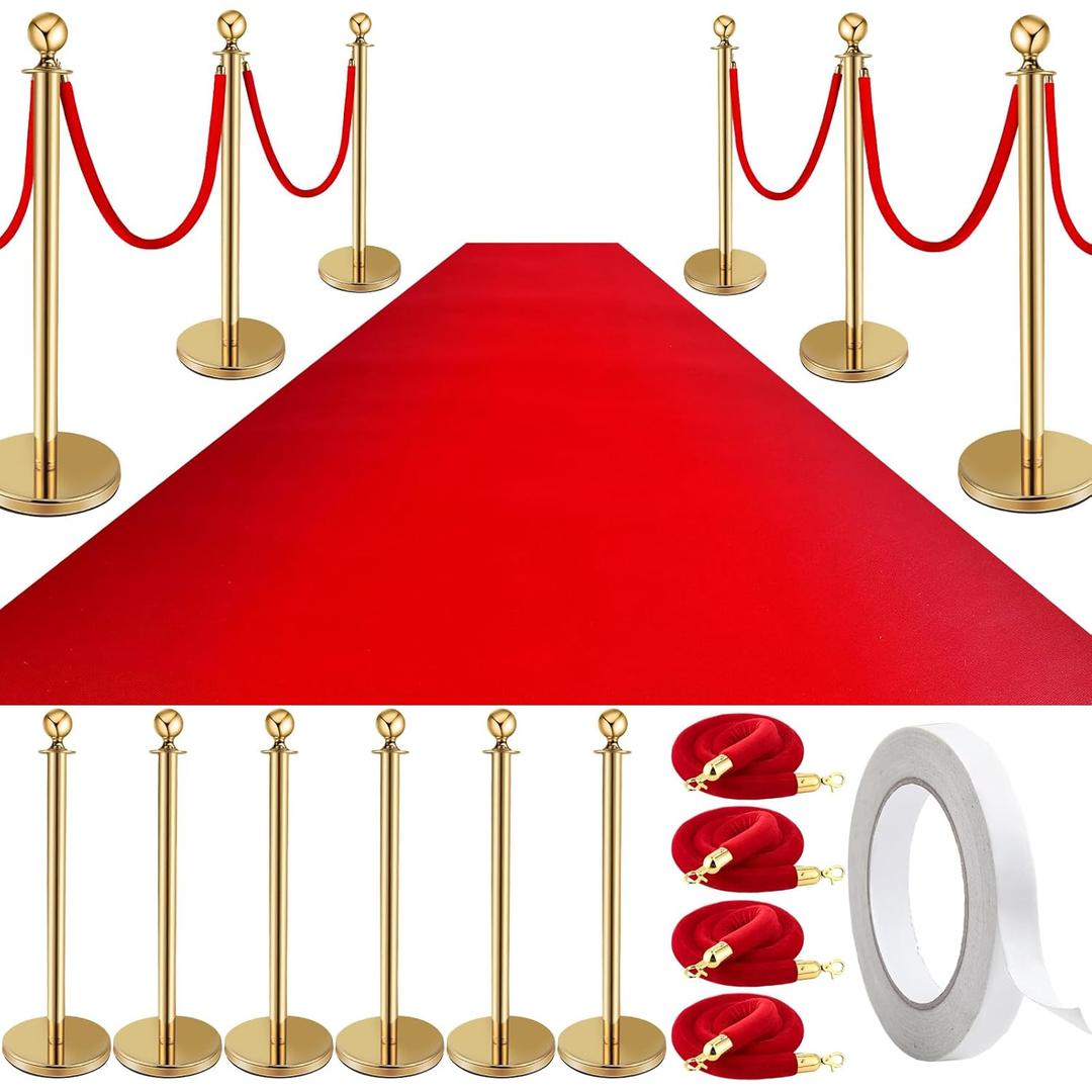 Pelopy 12 Pcs Stanchion Posts with Velvet Ropes and Red Carpet 26 ft, Crowd Control Barrier Set, 38" Gold Queue Poles for Wedding, Graduation, Party, Event Entrance Decor
