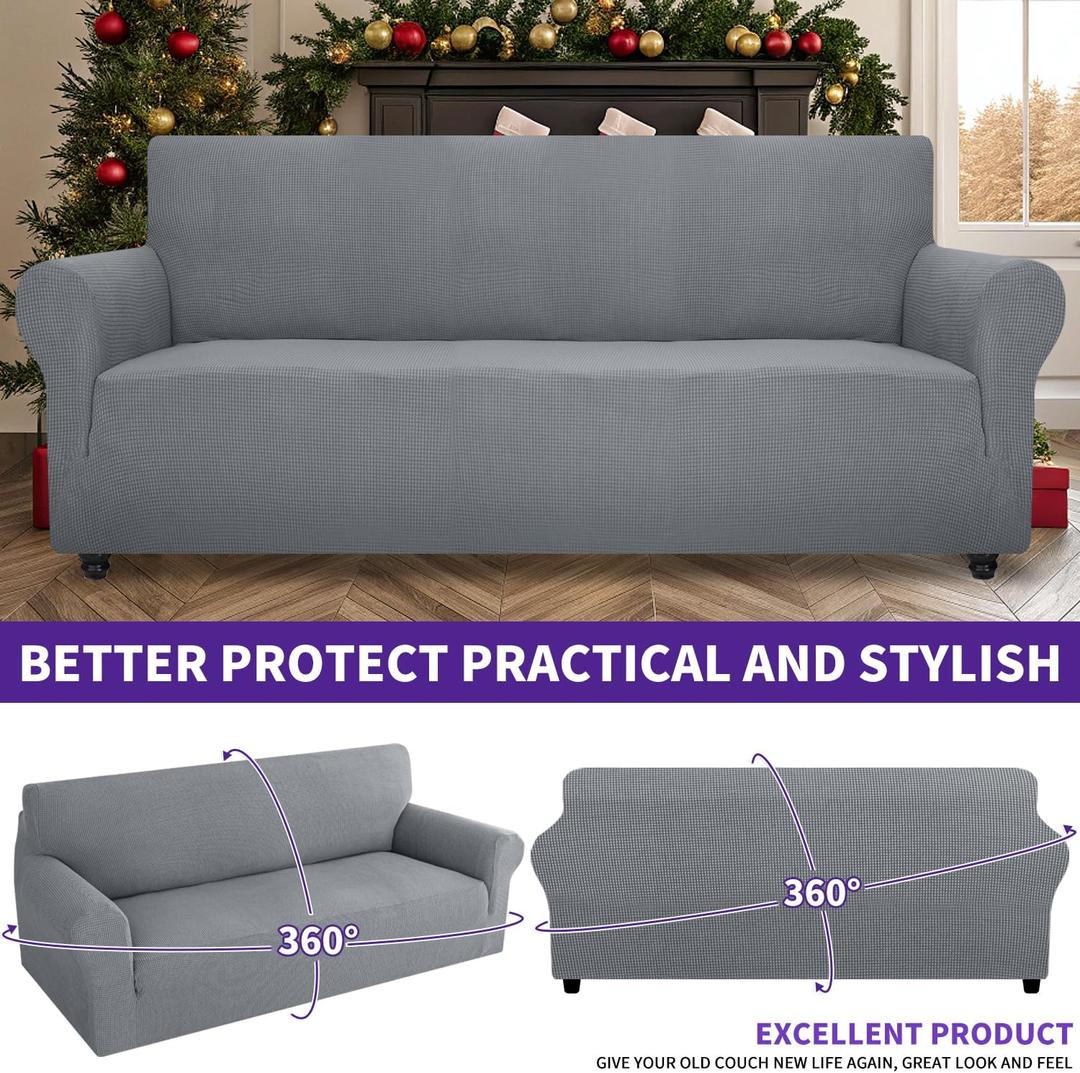 Super Stretch Couch Cover Love Seat Sofa Covers for Living Room Dogs Pet Friendly Furniture Protector Spandex Loveseat Slipcovers with Anti Slip Foam Sticks (Light Grey, Loveseat) 58", 2 Pack