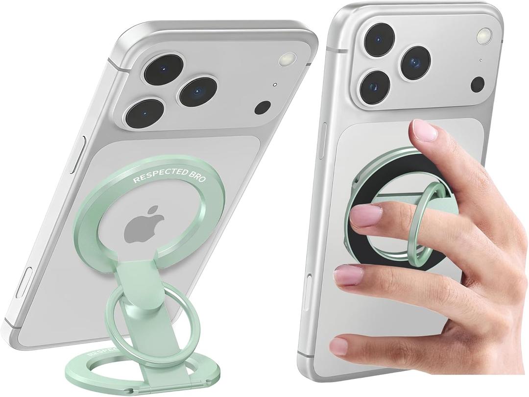 RESPECTED BRO-Magnetic-Phone-Ring-Holder with Dual Rings, Compatible with iPhone 17/16/15/14/13/12, Multifunctional Stand for Office, Gym, Kitchen & All Metal Surfaces, Finger Loop Grip (Light Green)