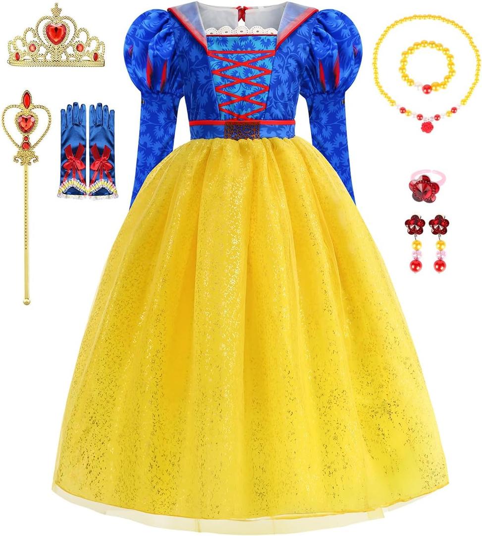 Princess Dress for Girls Princess Costume for Girls with Crown, Wand, Necklace, Bracelet, Ring, Glove, Earring