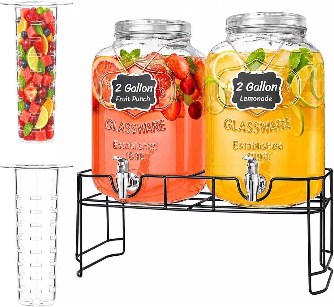 Lifewit 2 Gallon Glass Drink Dispenser with Stand & Fruit Infuser 2 Pcs | Leak-Proof Spigot, Stainless Steel Lid, Large Beverage Container for Juice, Sun Tea Jar, Pitcher for Lemonade & Mimosa bar