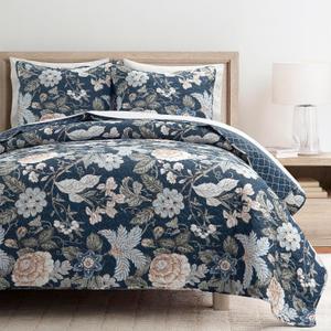 Lush Decor Sydney Reversible Cotton Quilt Set, 3 Piece Set, King, Navy & Multi - Cotton Bedding Set - Navy Floral Quilt - Cottage Decor - Bedding King Size