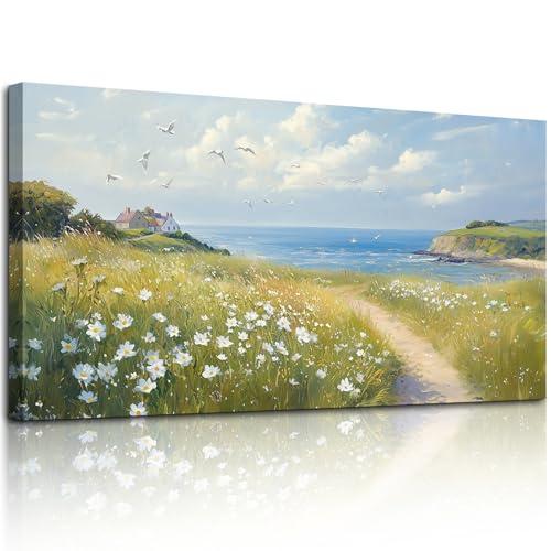 SERIMINO Coastal Landscape Large Wall Art, Country Scenic Canvas Art Wall Decor, Meadow Wildflowers Nature Art Prints, Rustic House Decorations Living Room Bedroom Above Bed Wall Pictures 20"X40"