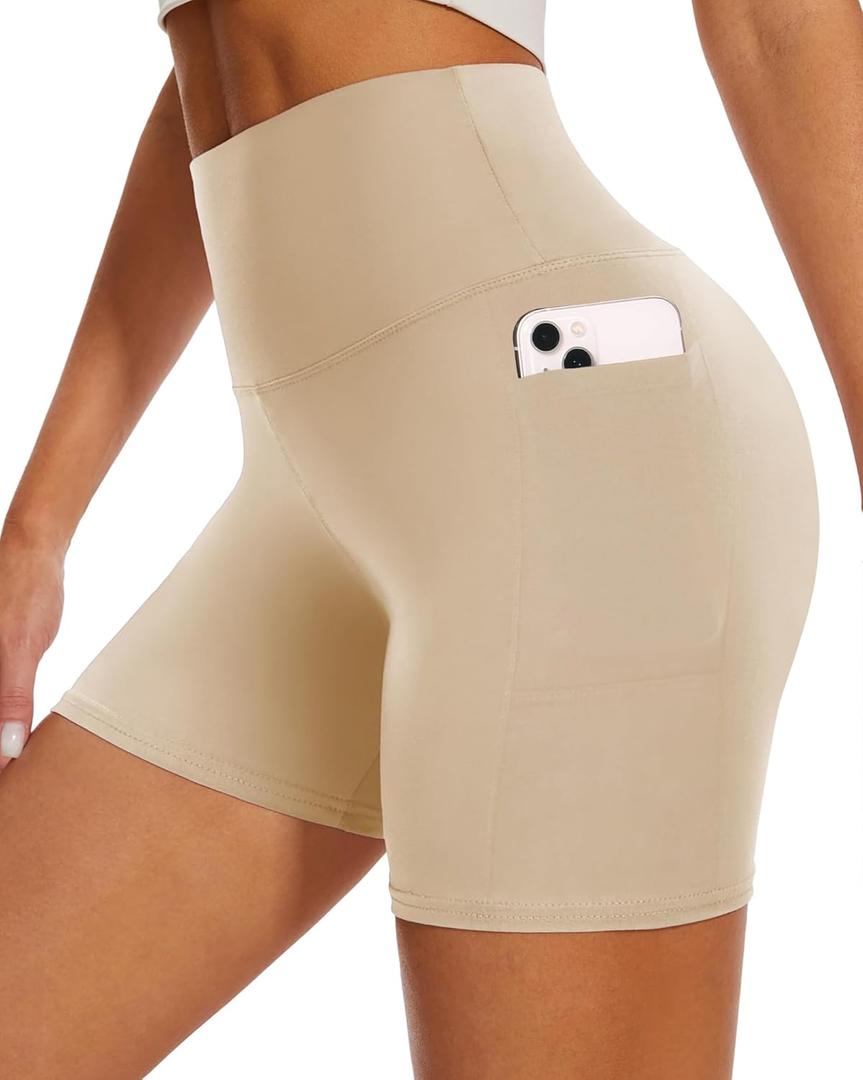 DHSO High Waisted Biker Shorts for Women-5" Tummy Control Fitness Athletic Workout Running Yoga Gym Shorts (S-M, Light Khaki)