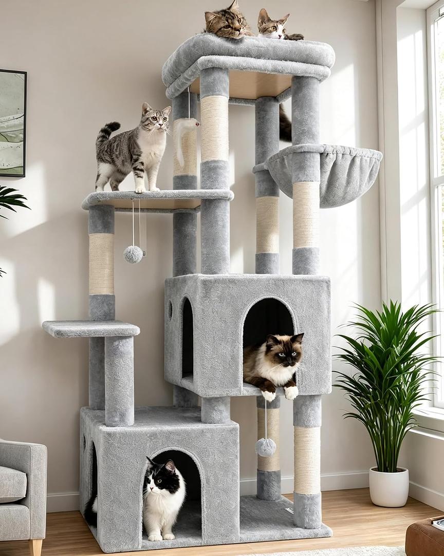 Globlazer Cat Tower for Indoor Cats, Heavy Duty Cat Trees for Large Cats Adult Big Cats Maine Coon Cat Tree Tower with Scratching Post, Extra Large Top Perch, Cat Condos, F61, Light Grey, 61inch