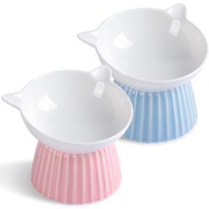 Ceramic Raised Cat BowlTilted Raised Bowl Anti Vomit Bowls for Indoor Cats Whisker Friendly Pet Feeder for Cats Puppies, Microwave and Dishwasher Safe (Pink+Blue)