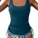 B2prity Women's Tankini Swimsuit Tummy Control Wide Strap Side Cinch Drawstring Two Piece Bathing Suit (Blue, S)