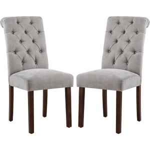 COLAMY Button Tufted Dining Chairs Set of 2, Parsons Upholstered Fabric Dining Room Chairs Kitchen Chairs with Wood Legs and Padded Seat, Light Grey
