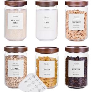 Tzerotone Glass Pantry Storage Jars with Acacia Airtight Lid, 25oz Clear Kitchen Canisters with Wood Lid, 6 Set with 132 Labels for Tea, Sugar, Spice, Herbs