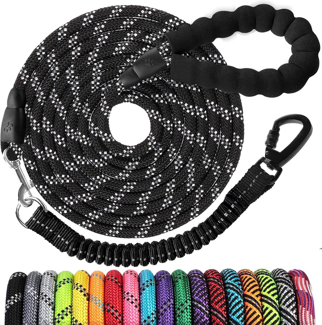 Long Dog Leash 10 FT: Heavy Duty Rope Leashes for Dogs Training with Swivel Lockable Hook Reflective Threads Bungee and Padded Handle - Dog Lead for Large Small Medium Dogs Outside Walking Hiking (Black)
