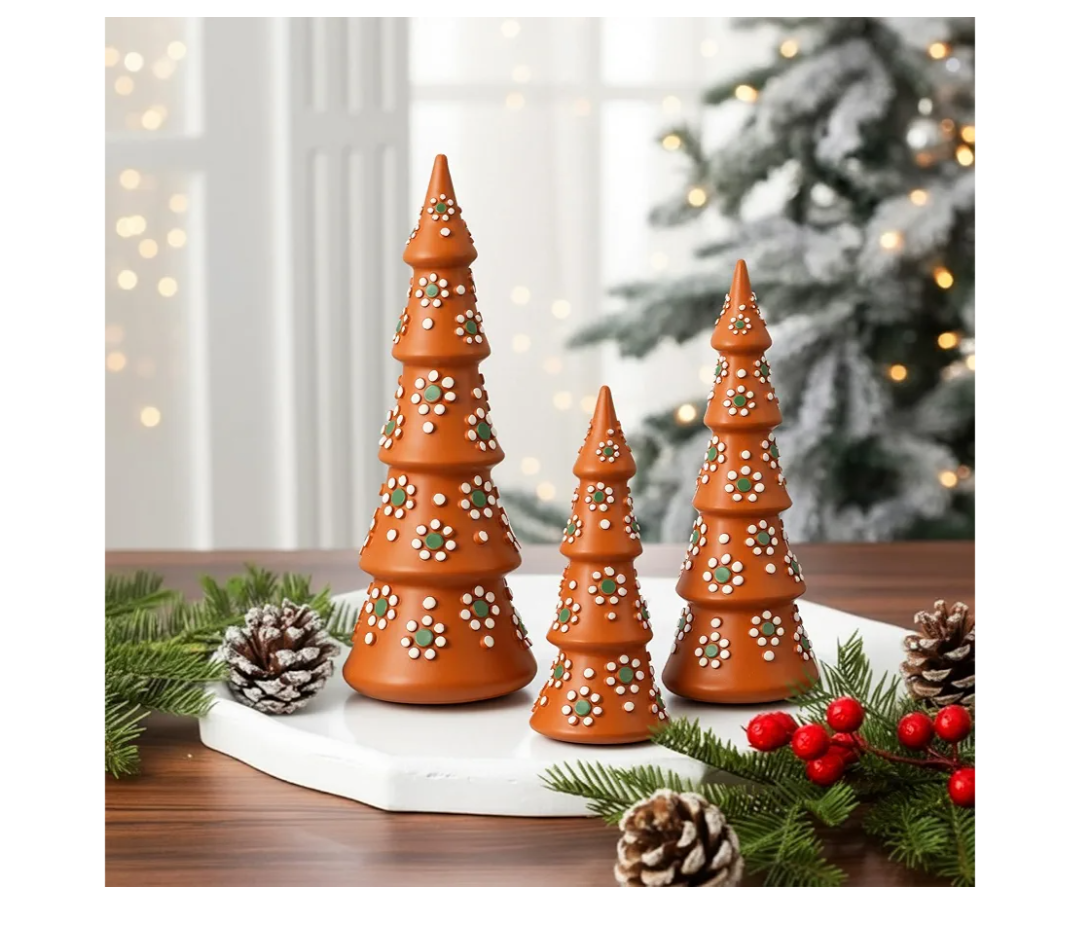 Tellingyou Set of 3 Mexican Christmas Tree Figurines Resin Barro Talavera Holiday Tree Statue Decor Boho Terracotta Table Centerpiece Ornaments Modern Mexican Home Decoration Gifts