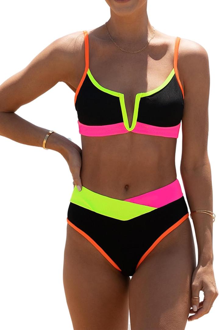 popvil Women's Sexy V Neck Bikini Sets High Waisted Bathing Suit Color Block Swimsuits (Black) L
