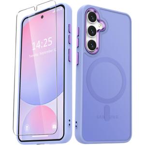 For Samsung Galaxy S24 FE Case, Matte Magnetic Phone Case with 1 Screen Protector, Support for Magsafe, Translucent Frosted Slim Shockproof Protective Cover for Samsung Galaxy S24 FE, Purple