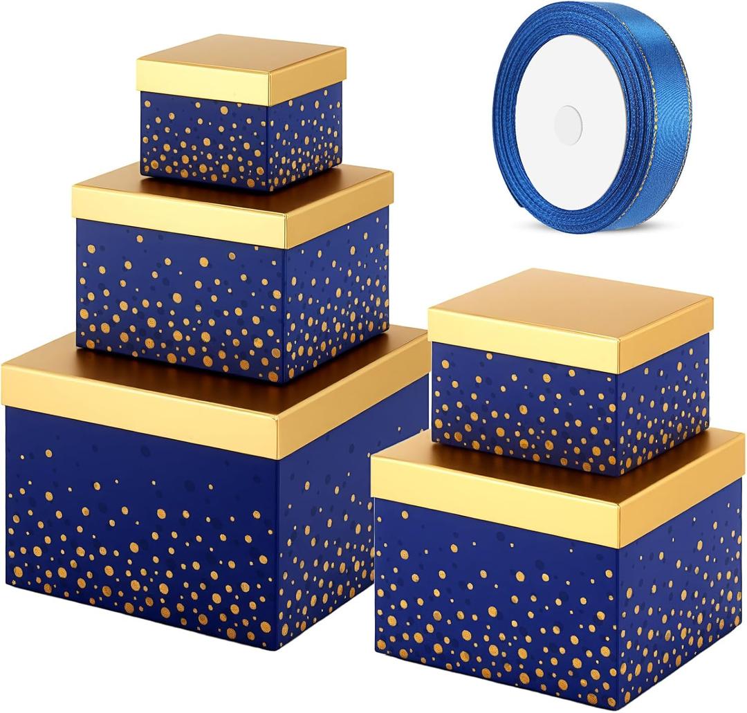 5 Valentine's Day Navy Blue Square Nesting Boxes Decorative Gift Boxes with Lid and Ribbon 5 Assorted Sizes Wrap for Valentine, Anniversary, Birthday