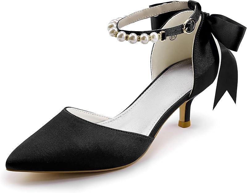 Coutgo Womens Pearl Ankle Strap Pumps Low Kitten Heel D'Orsay Satin Back Tieknot Heels Pointed Toe Wedding Party Dress Shoes 7.5