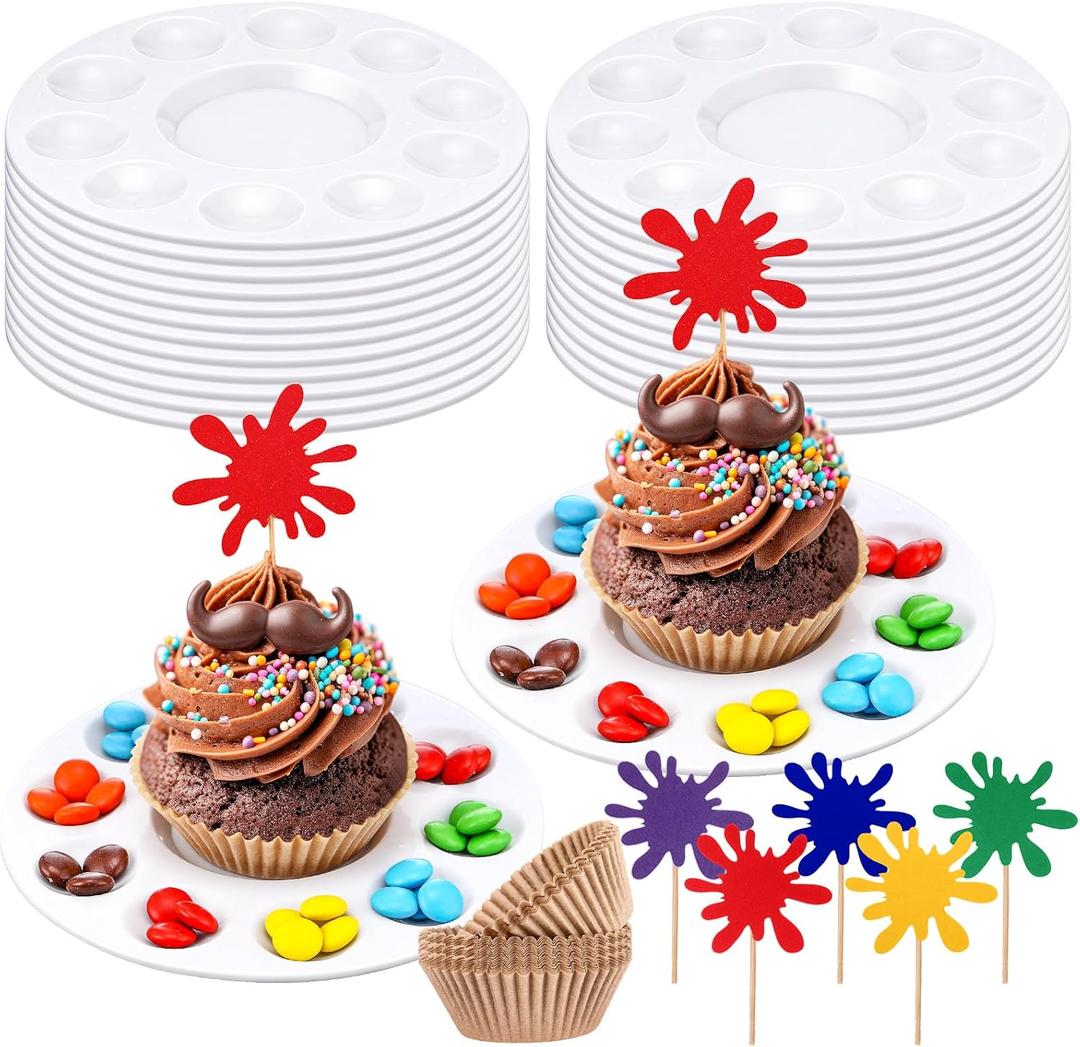 Zhehao 24 Sets Art Birthday Party Decorating Plates for Cupcake Decorations Cupcake Plates with Art Cake Topper for Dessert Sprinkles, Painting Party Supplies