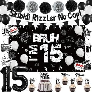 Holkcog 15th Birthday Party Decorations, Happy 15th Bday Bruh Banner Bankground for Boys Girls, Black Number 15 Foil Ballons & Cupcake Topper, Hanging Swirls, Black Happy 15 Years Old Party Supplies