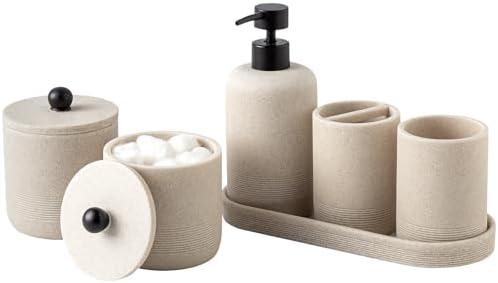 Haocoott Bathroom Accessories Set, 6 PCS Modern Bathroom Accessory Set with 15.2 OZ Soap Dispenser, Toothbrush Holder, Vanity Tray, Tumbler, 2 PCS Qtip Holders (Beige)