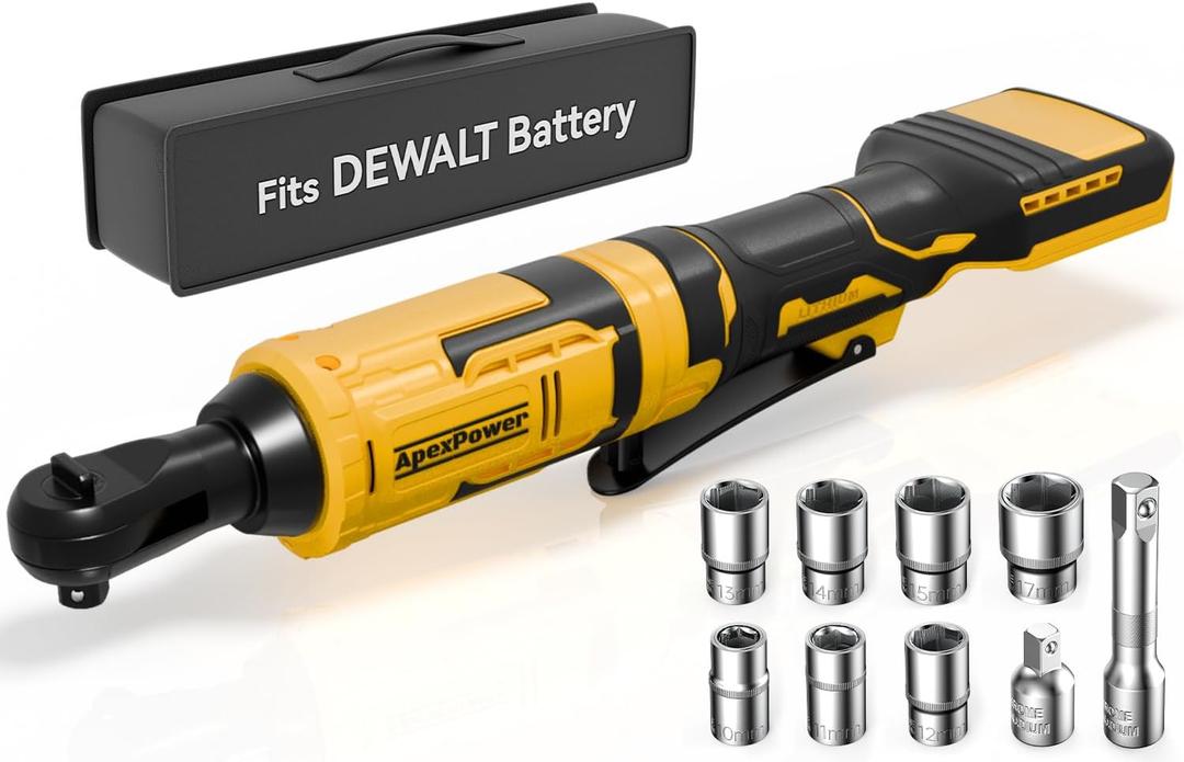 APEXPOWER 3/8 Inch Cordless Ratchet Wrench for DEWALT 20V Battery, 88Ft-Lbs, 0-400RPM, Electric Wrench Ratchet w/Variable Speed Trigger, Reinforced Head, R&F Switch, 7 Sockets,3/8" to 1/4" Adapter
