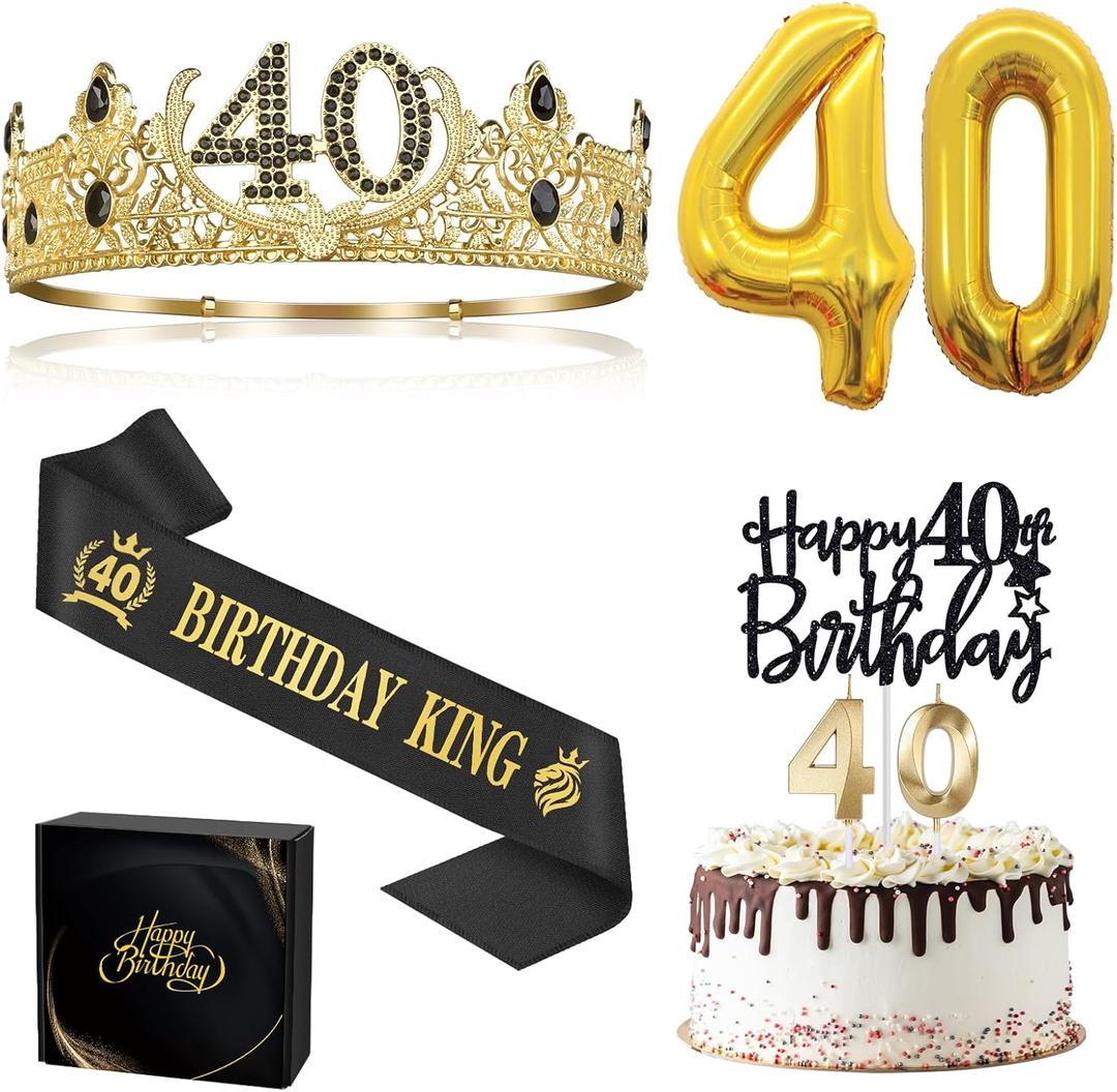 40th Birthday Gifts for Men, 40th Birthday Decorations for Men, Party Decor Supplies Including King Crown & Sash & Balloons & Cake Topper & Candles