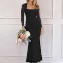 BORIFLORS Women's Ruched Bodycon Long Sleeve Maxi Dress Mesh Square Neck Cocktail Party Long Dresses (Black, M)