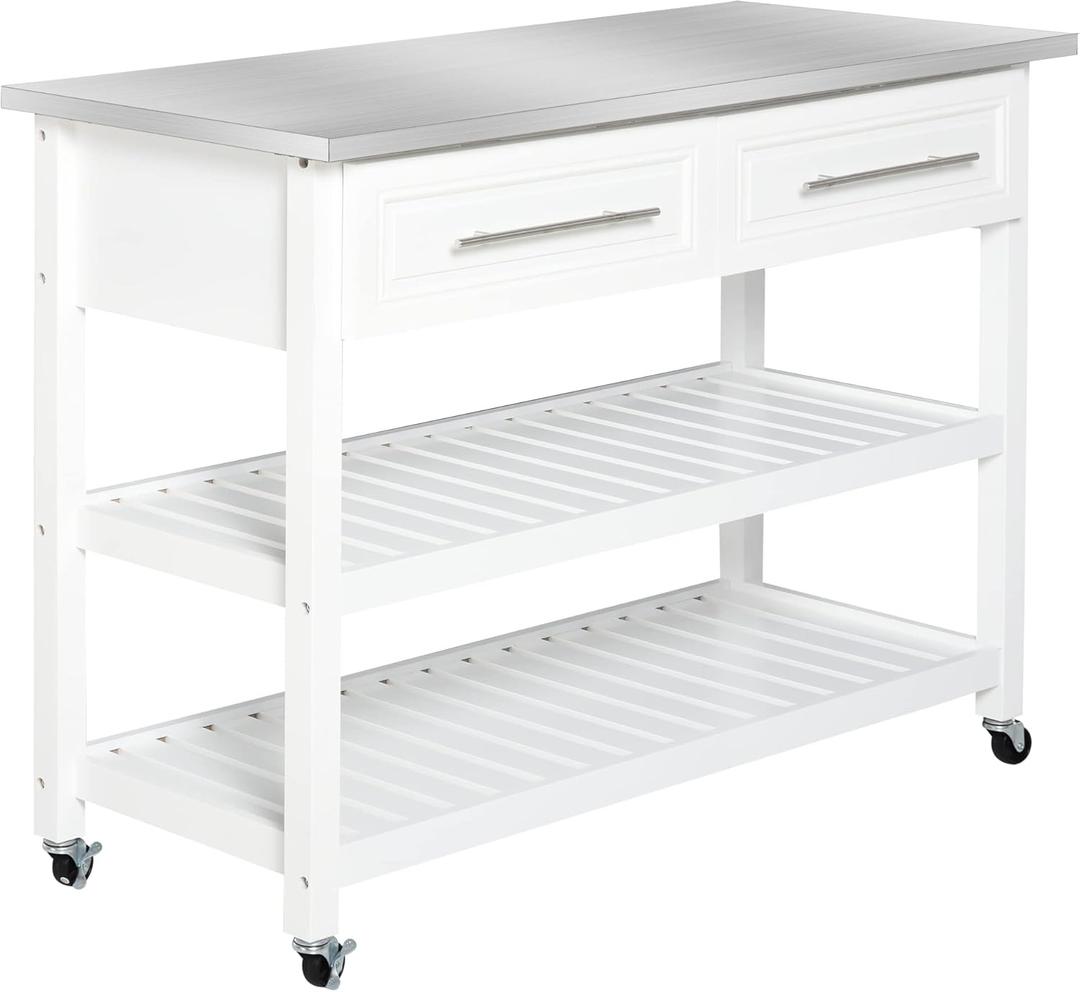 HOMCOM Kitchen Island with Stainless Steel Top, Traditional Kitchen Island with Storage, Butcher Block Cart 2-Tier Open Shelves, Drawers, White