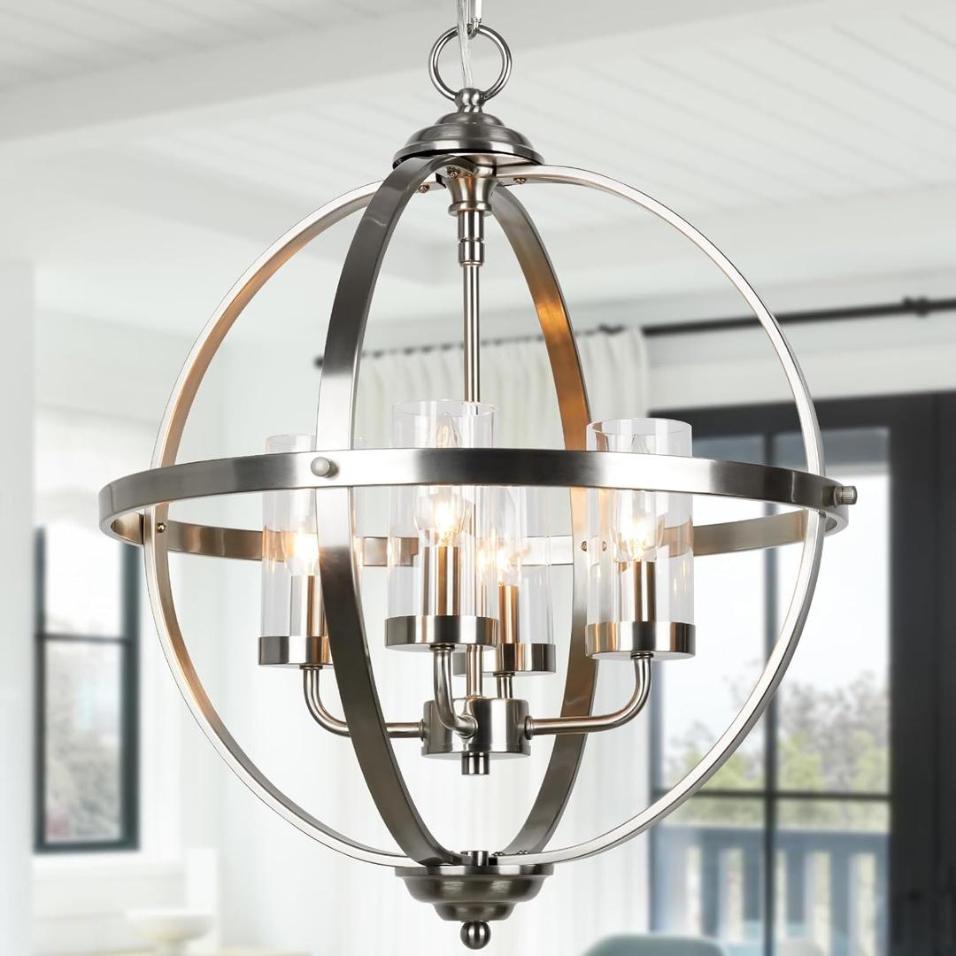 Chandelier Farmhouse Hanging Lighting, 4-Light Globe Orb Chandelier, Adjustable Modern Farmhouse Pendant Light Fixture for Dining Entryway Foyer, Brushed Nickel Finish