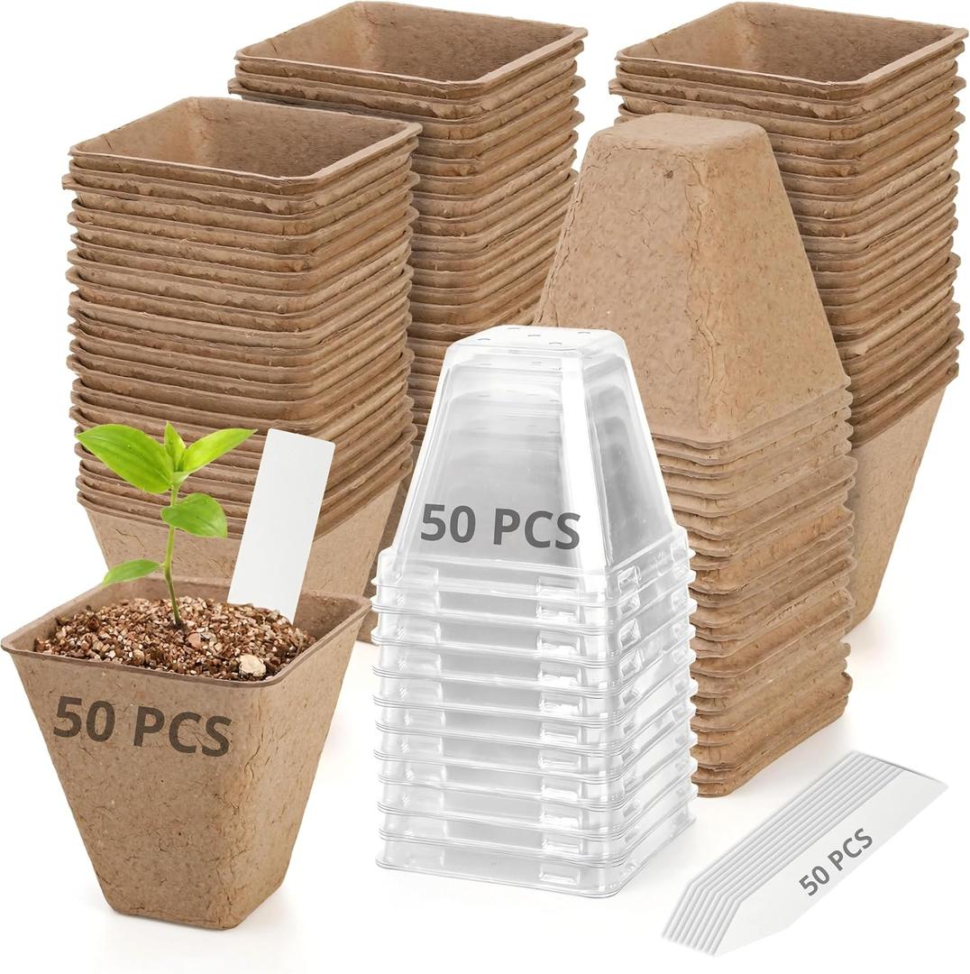 2 x 50-Set Seed Starter Kit (150 PCS Total), 3" Square Biodegradable Peat Pots with 50 Humidity Domes & 50 Labels, Nursery Pots for Fall Garden & Indoor Herb Seedlings Germination, Small