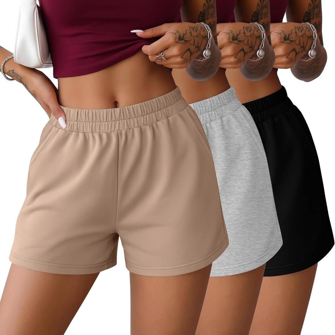 3 Pack Women's Sweat Shorts Lounge Comfy Athletic Shorts Elastic Waist Summer Workout Casual Pants with Pockets, Medium Size