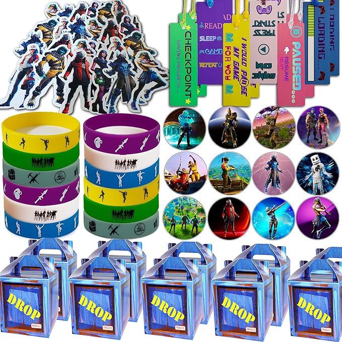 Gaming Party Supplies Set - 64 Pack Video Game Birthday gifts set, 10 Gaming Themed Gift Boxes, 10 Bookmarks, 10 Badges, 10 Bracelets & 24 Stickers Decoration