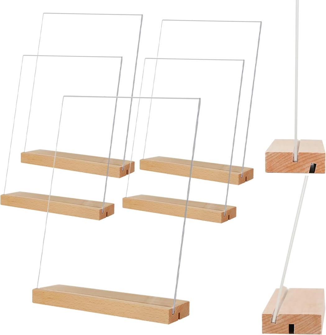 TONICE 8.5 x 11 Acrylic Sign Holder with Wood Base 5 Pack L/T Shape Vertical or Slant Back Display for Wedding, Restaurant, Store, Office, Hotel