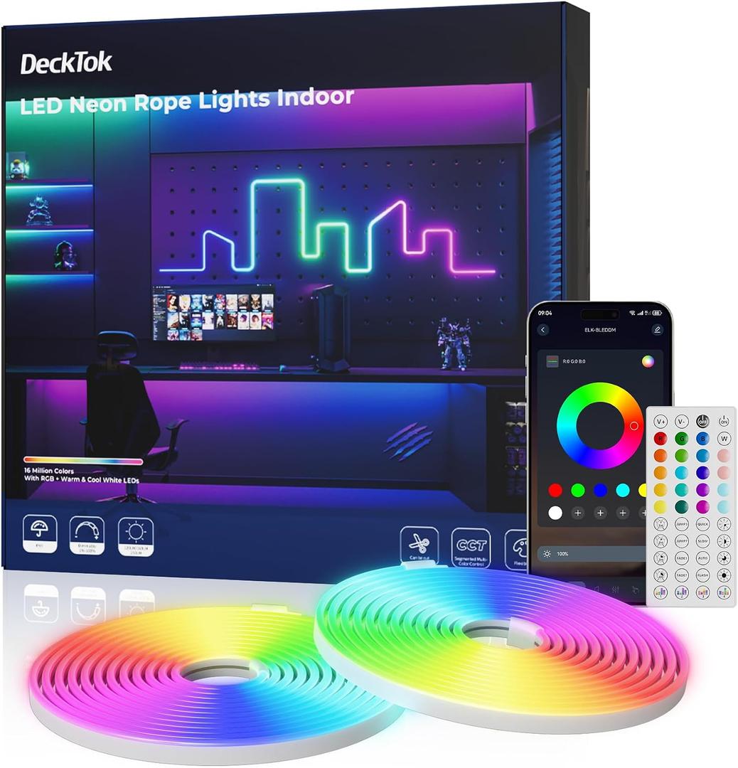 DeckTok Led Neon Lights Strip - 50FT Flexible Led Control with App/Remote Rope Lights Multiple Modes RGB IP65 Waterproof Outdoor Neon Music Sync Gaming Strip for Bedroom Wall Decor