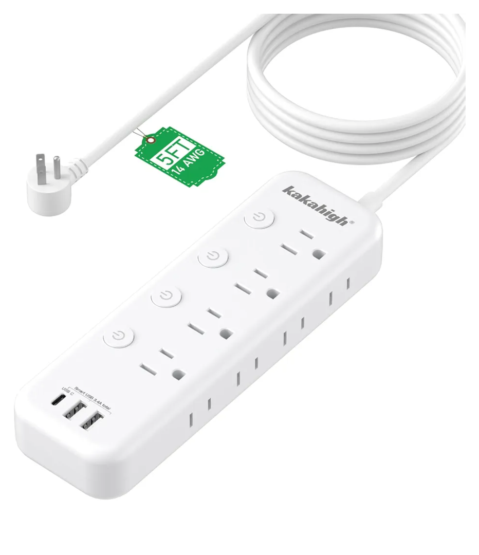 Appliance Extension Cord with Individual Switches on Off - 5 FT, 14 Gauge Heavy Duty Extension Cord with USB Ports, 8 outlets, High Wattage for Microwave, Workbench, Kitchen, Garage Must Have