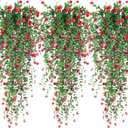 Artificial Hanging Flowers, 3 Pcs Fake Hanging Plants Artificial Vines for Outdoors, Fake Ivy Vine UV Resistant No Fade Faux Plants for Indoor Outside Garden Patio Yard Greenery Decoration (Dark Red)