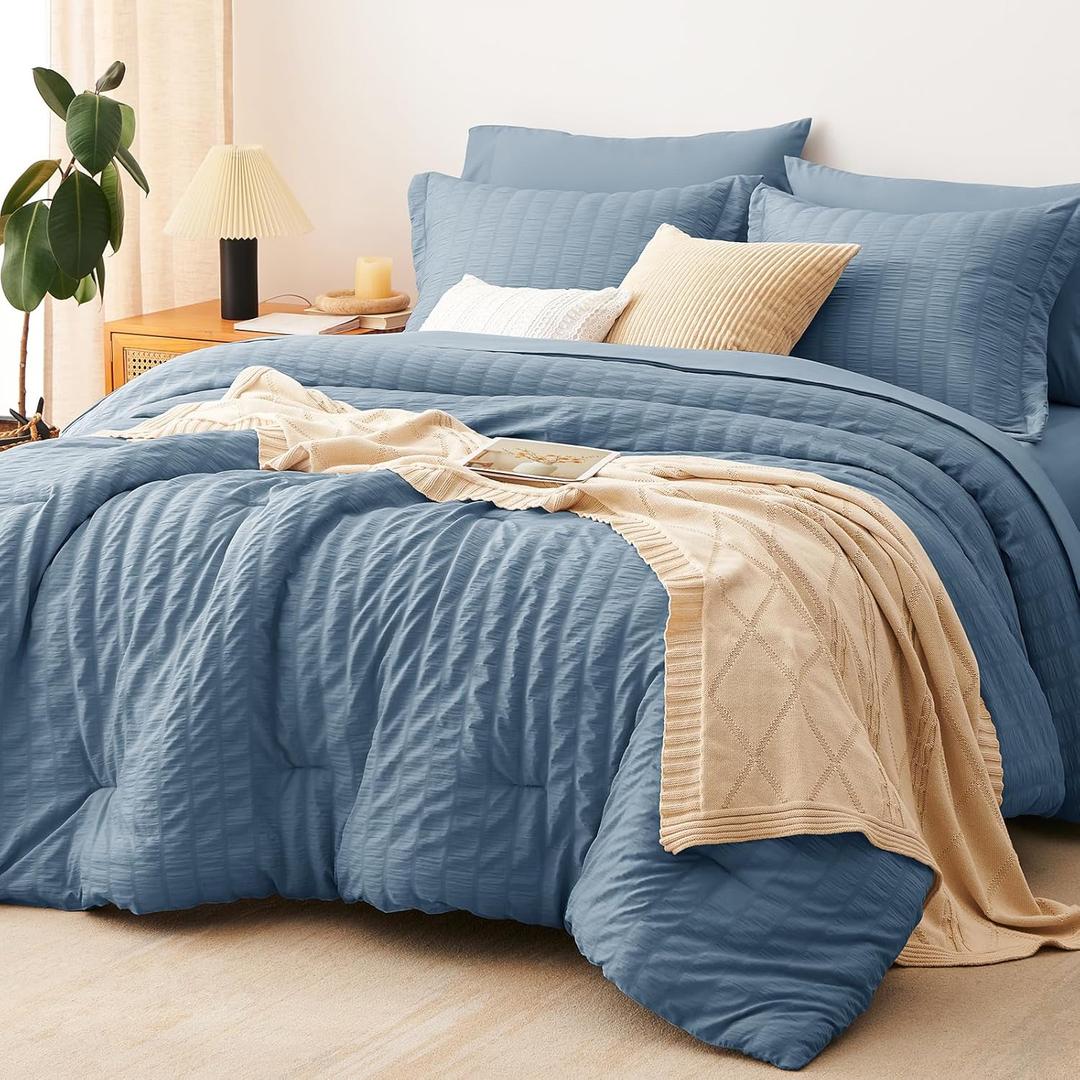 CozyLux Queen Comforter Set Grayish Blue Seersucker 7 Pieces Bed in a Bag Queen Comforter Set with Sheets, Dusty Blue Luxury Bedding Sets with Down Alternative Comforter, Sheets, Pillowcases & Shams