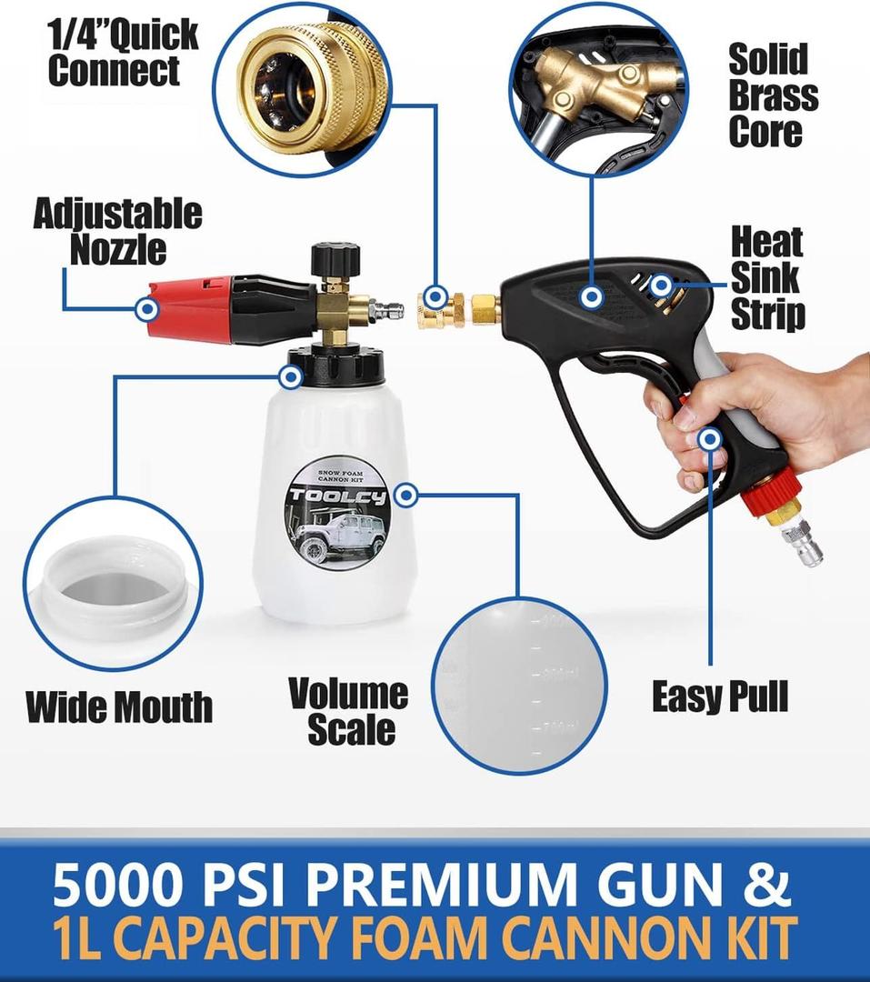 TOOLCY Foam Cannon Kit with Pressure Washer Gun 5000 PSI, 5 Nozzle Tips, 1/4" Quick Connector, 1L Bottle, Quick Release, Industrial Grade