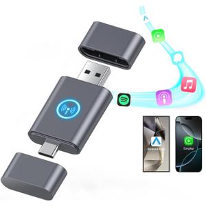 2 in 1 Mini Android Auto and Wireless CarPlay Adapter Convert Factory Wired to Wireless Dongle, Compact Size USB CarPlay Wireles Stick AAndroid Auto Adapter for iOS 12+/Android No Delay