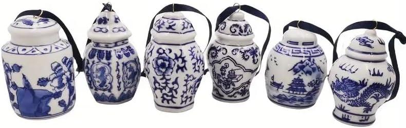 Set of 6 Blue and White Porcelain Ornaments Christmas Chinoiserie Ornament Mini Ginger Jar Hanging Ornaments Vintage Chinoiserie Decorations for Holiday Christmas Tree Decor