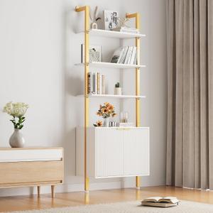 INNOD 74" Tall Bookshelf with Storage Cabinet, Modern Ladder Shelf with Wood and Metal Frame, Wall Mount Bookcase Open Display Shelf Furniture for Living Room, Bedroom, Home Office, Gold, 23.6 inches x 14 inches x 74 inches