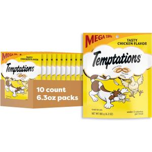 Temptations Classic Crunchy and Soft Cat Treats, Tasty Chicken, 6.3oz, 10pk Under 2 calories per treat, 100% complete & balanced for adults, resealable stay-fresh pouch, snack, meal, or food topper, BBD: 09-2027