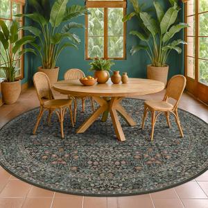 Vintage Washable Round Rugs 8ft, Ultra Soft Large Circle Area Rugs for Living Room, Dining Room Under Table Non Slip, Bedroom Under Bed, Dark Green Oriental Floral Round Floor Carpet Dcor